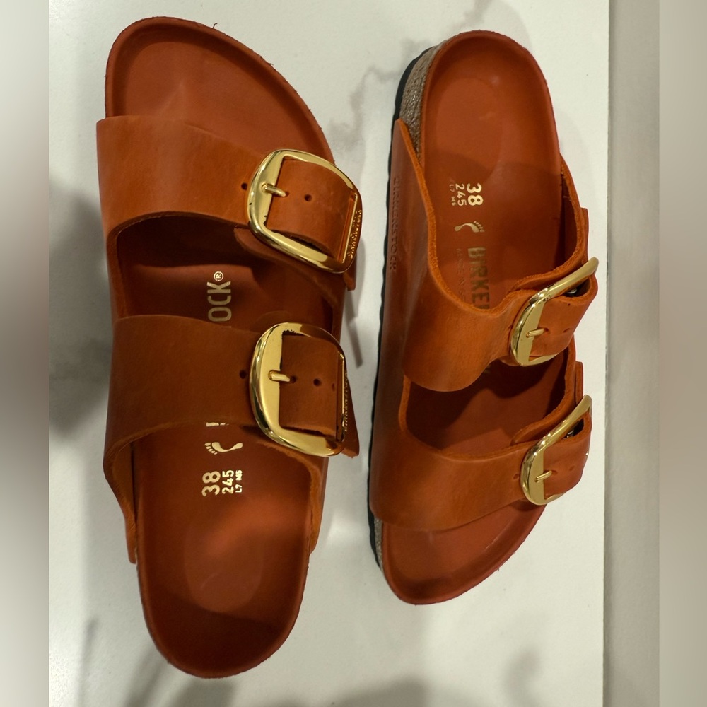 Birkenstock Burnt Orange Sandals with Gold Buckles size 38 brand new in box